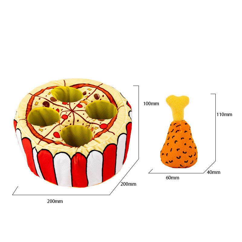 Plush chicken bucket dog puzzle toy with squeaky drumsticks