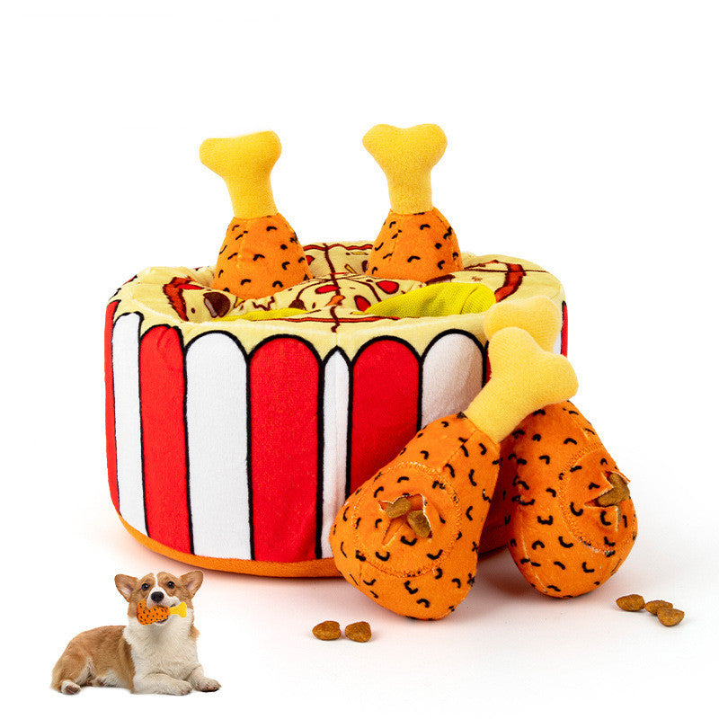 Plush chicken bucket dog puzzle toy with squeaky drumsticks