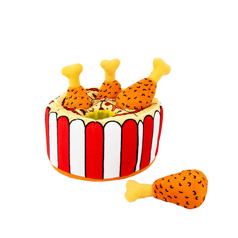 Plush chicken bucket dog puzzle toy with squeaky drumsticks